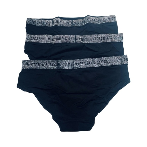 Victorias Secret Hipster Set Of 3 Panties Black/Silver Med. Logo Waist NWT - Picture 3 of 9